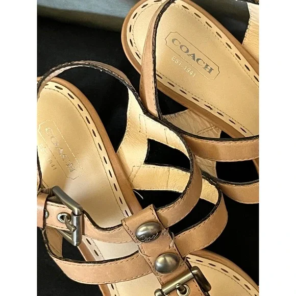Coach Robin T-Strap Tan Leather Strappy Stiletto Heels Sandals Women's Size 10 B - Picture 7 of 9